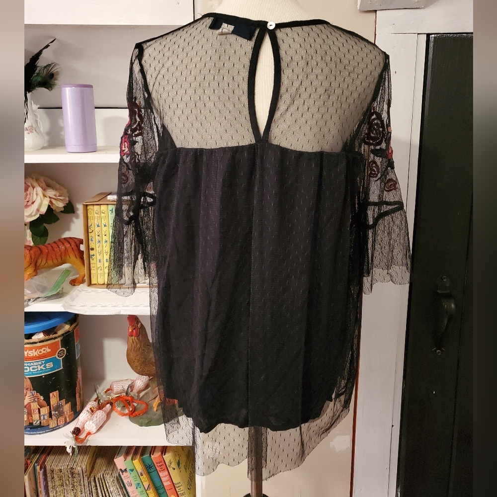 Black Tulle Babydoll Blouse with floral embroidery sz Small Blue Rain Francesca - Picture 2 of 9
